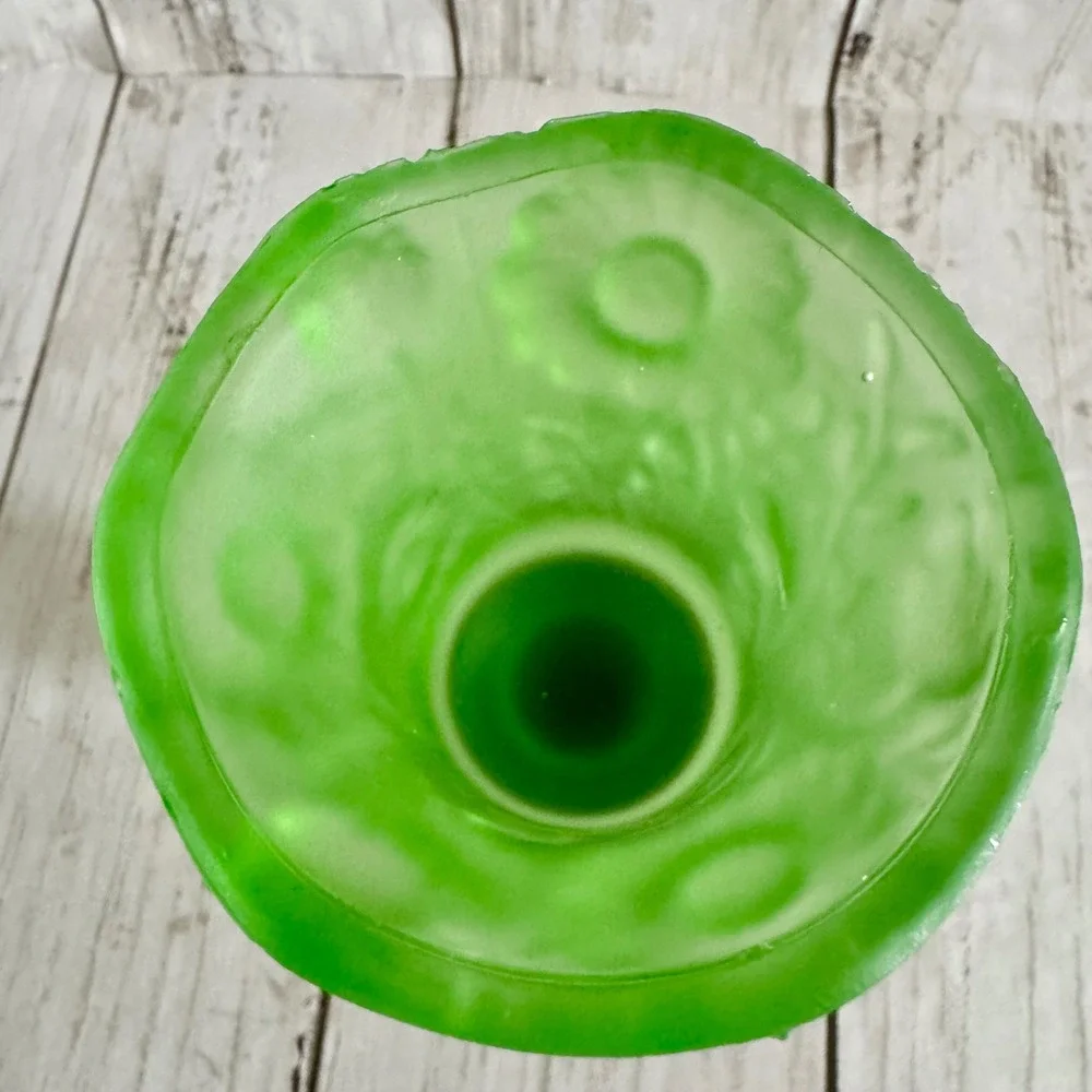 Vintage Green Uranium Glass Floral Satin Frosted Brass Candle Holder 5 1/2